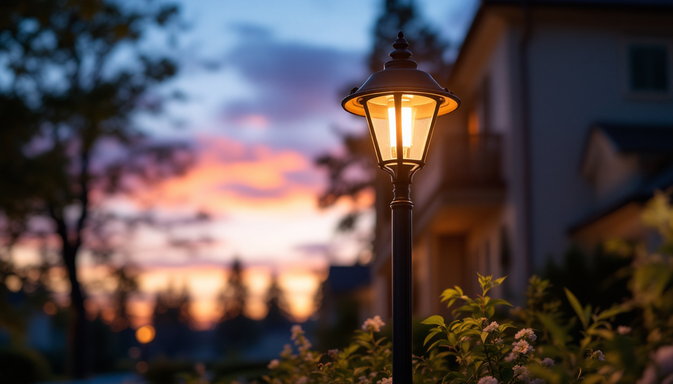 A photograph of a beautifully illuminated driveway lamp post at dusk