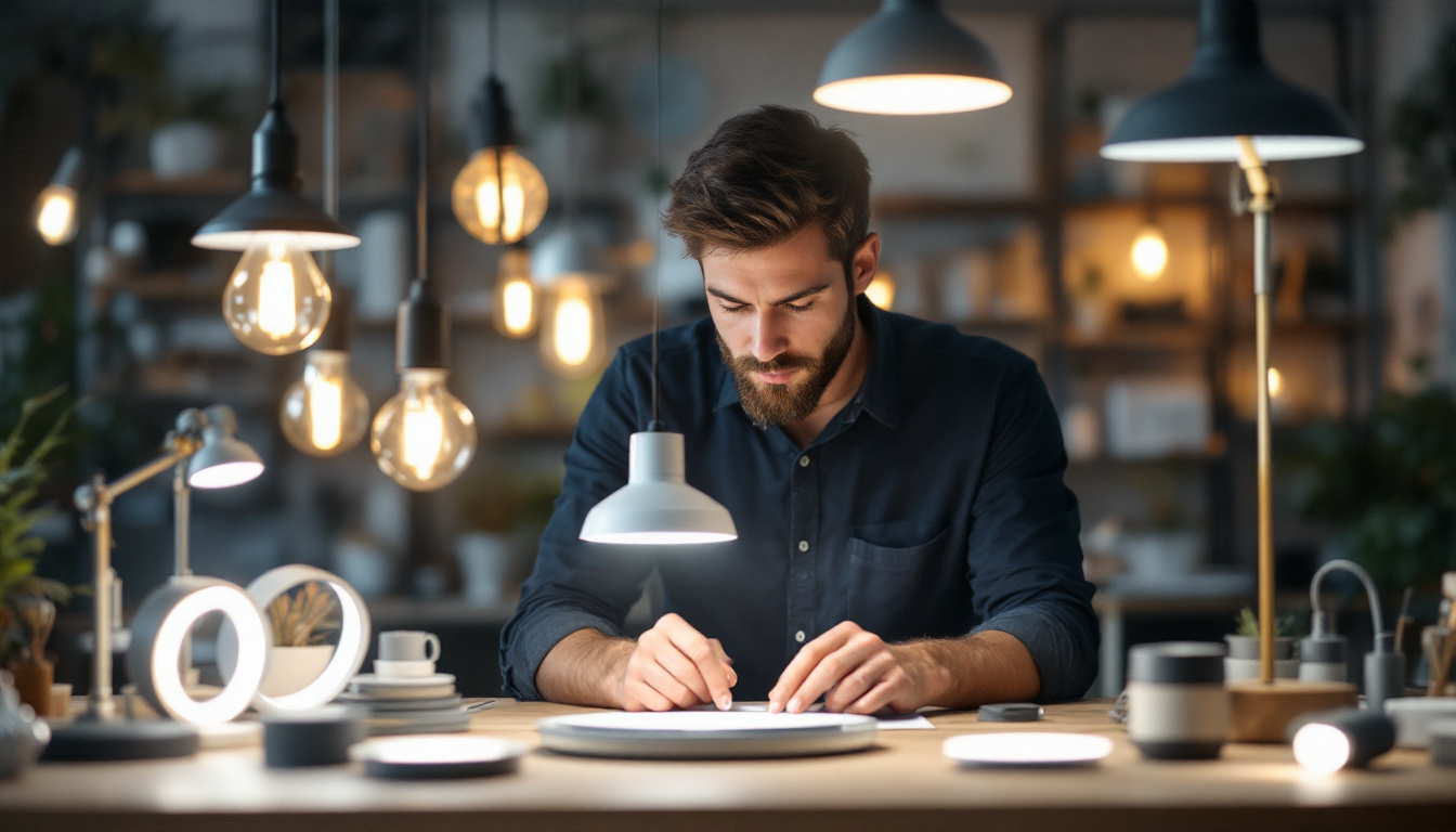 A photograph of an electrical engineer examining a variety of modern lighting fixtures in a well-lit workspace