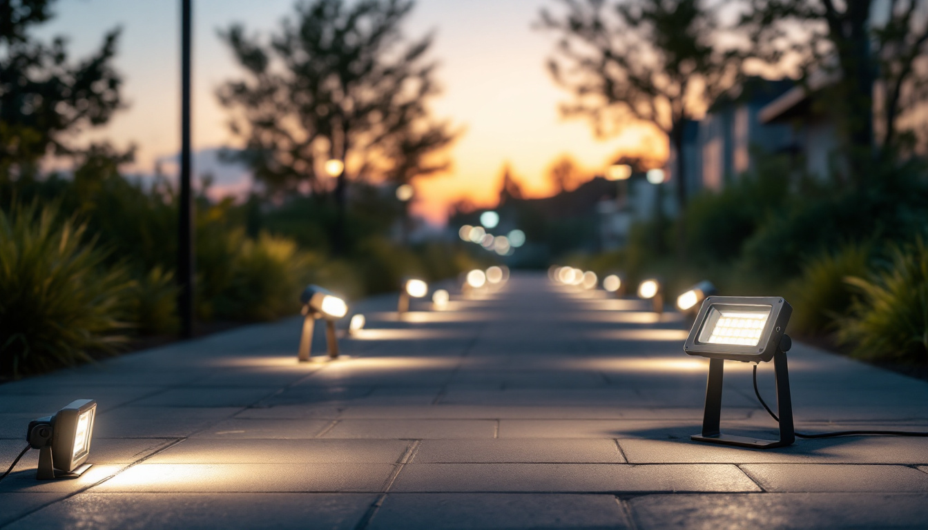 A photograph of a well-lit outdoor space featuring led flood lights illuminating a landscape or architectural feature at dusk