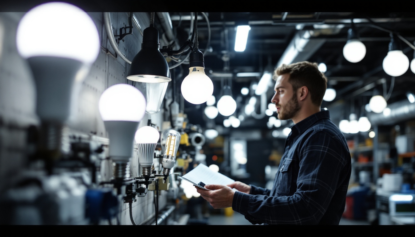 A photograph of a well-lit garage showcasing various led light bulb options