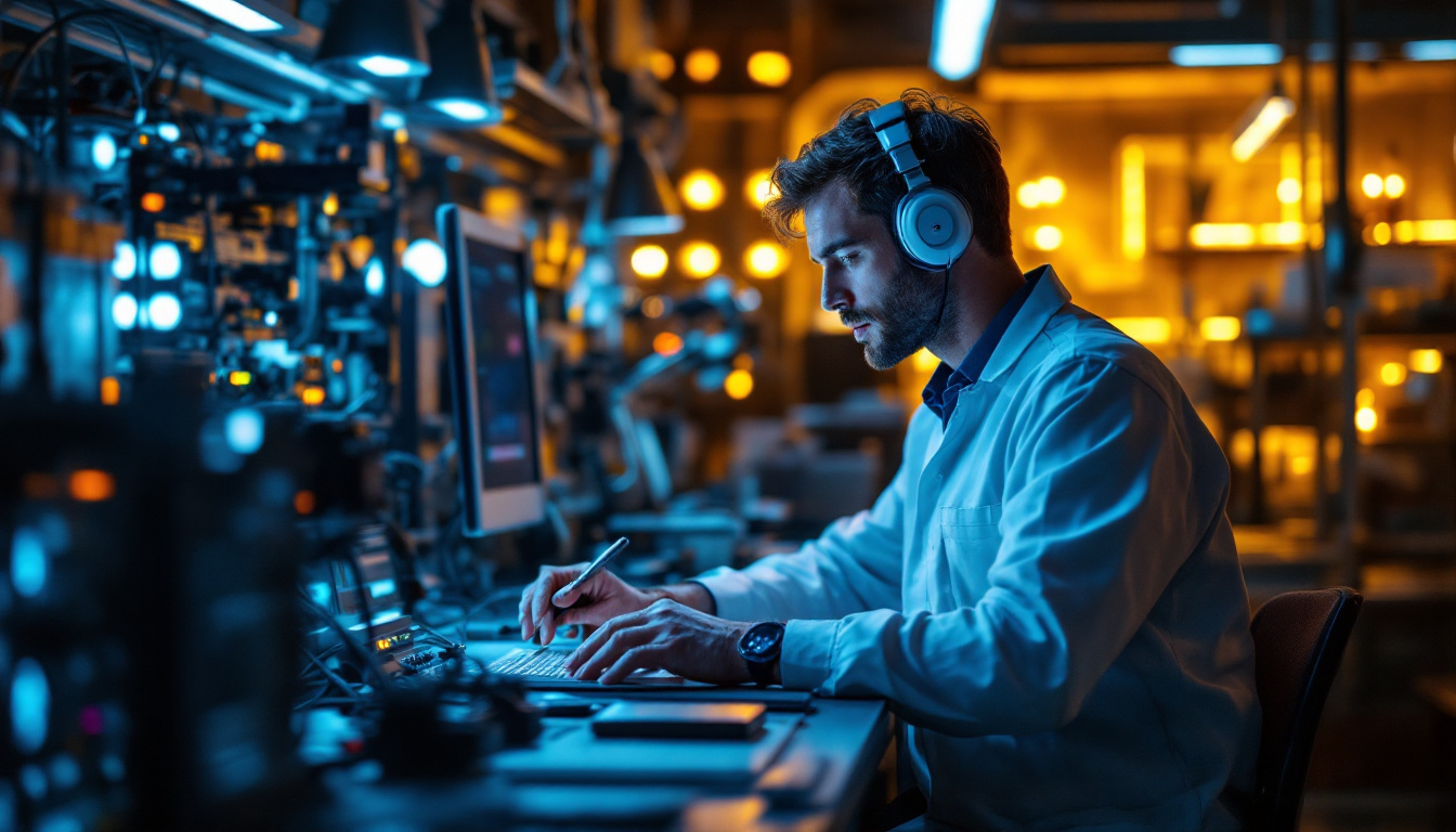 A photograph of a modern electrical engineer working in a well-lit lab