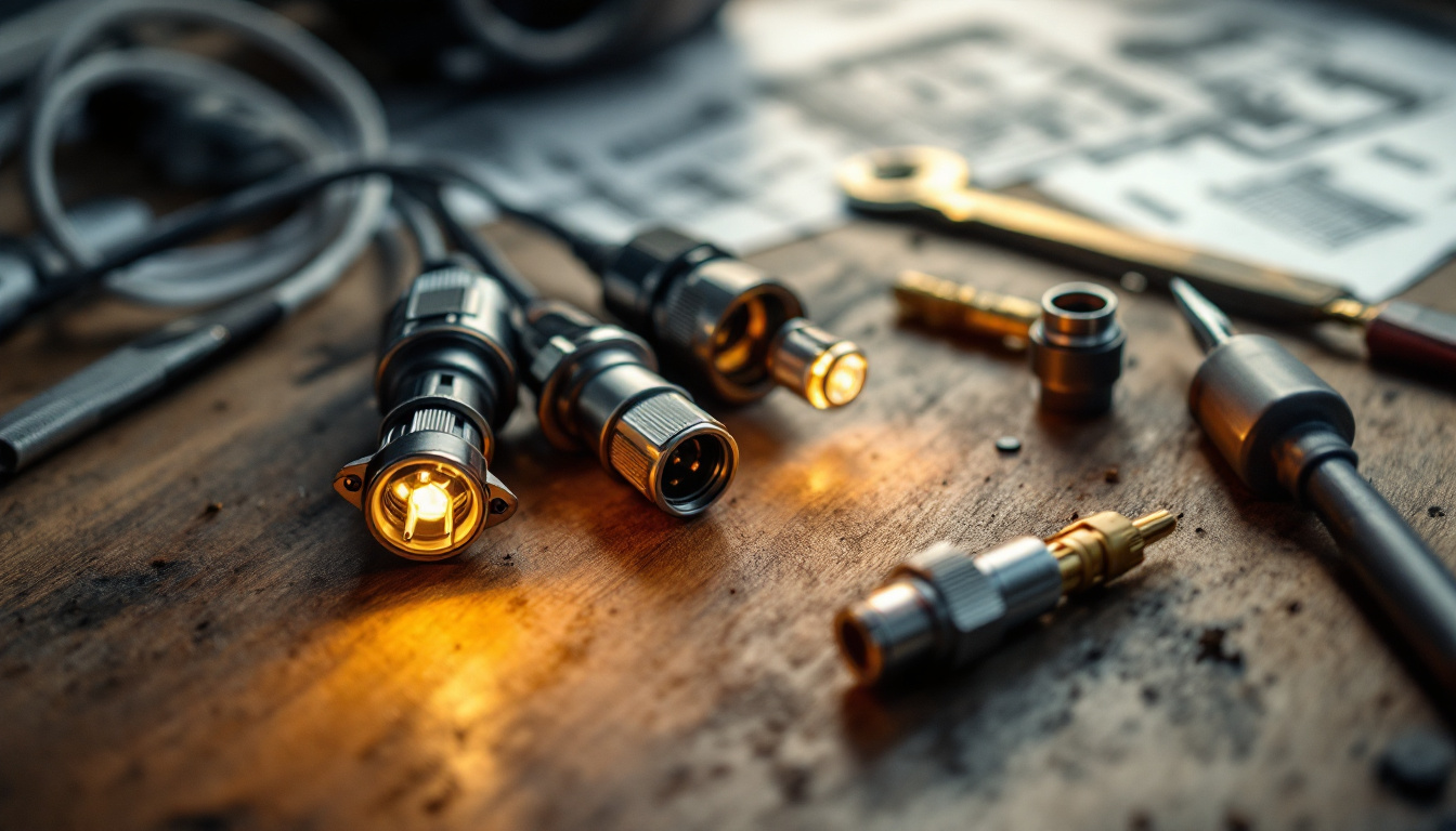 A photograph of a close-up shot of various landscape lighting wiring connectors arranged aesthetically on a workbench