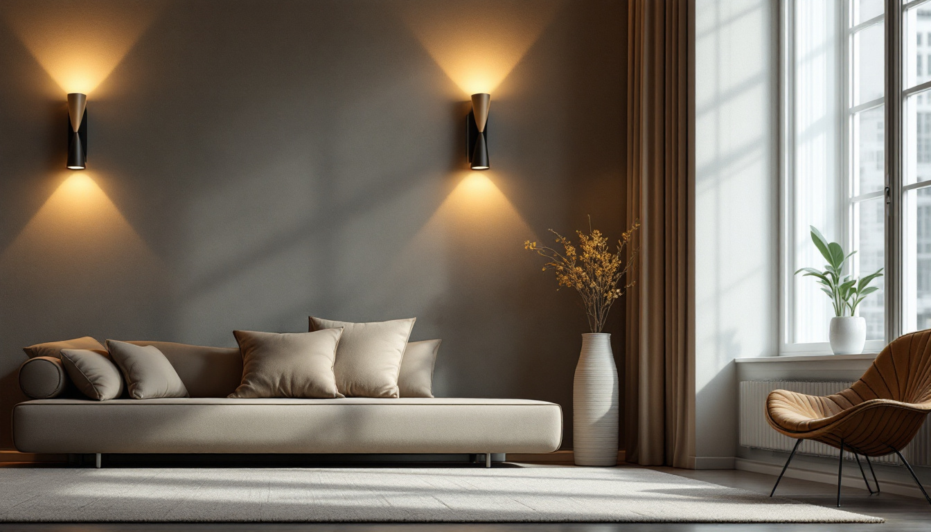 A photograph of a stylish indoor space featuring modern sconce light fixtures