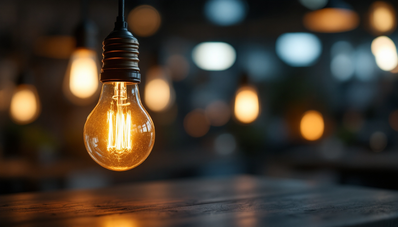 A photograph of a vintage light bulb illuminated against a backdrop of modern lighting solutions