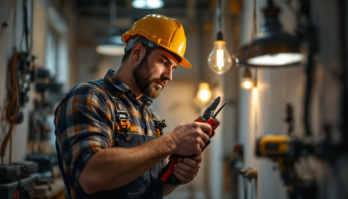 A photograph of a skilled electrician using a wire pulling tool in a well-lit environment