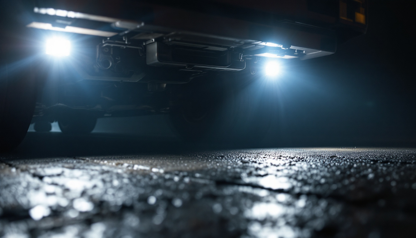 A photograph of a close-up view of under cab lights illuminating a truck's undercarriage in a dark environment