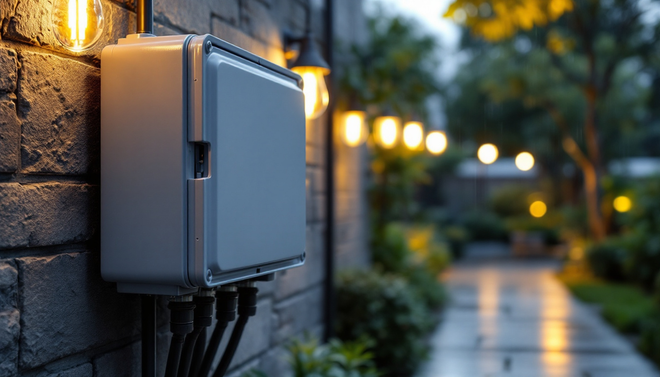 A photograph of a weather-tight electrical box installed in an outdoor lighting system