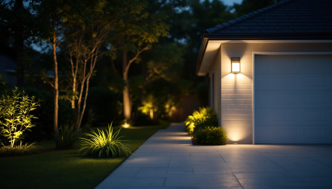 A photograph of a well-lit outdoor space showcasing motion sensor lights in action