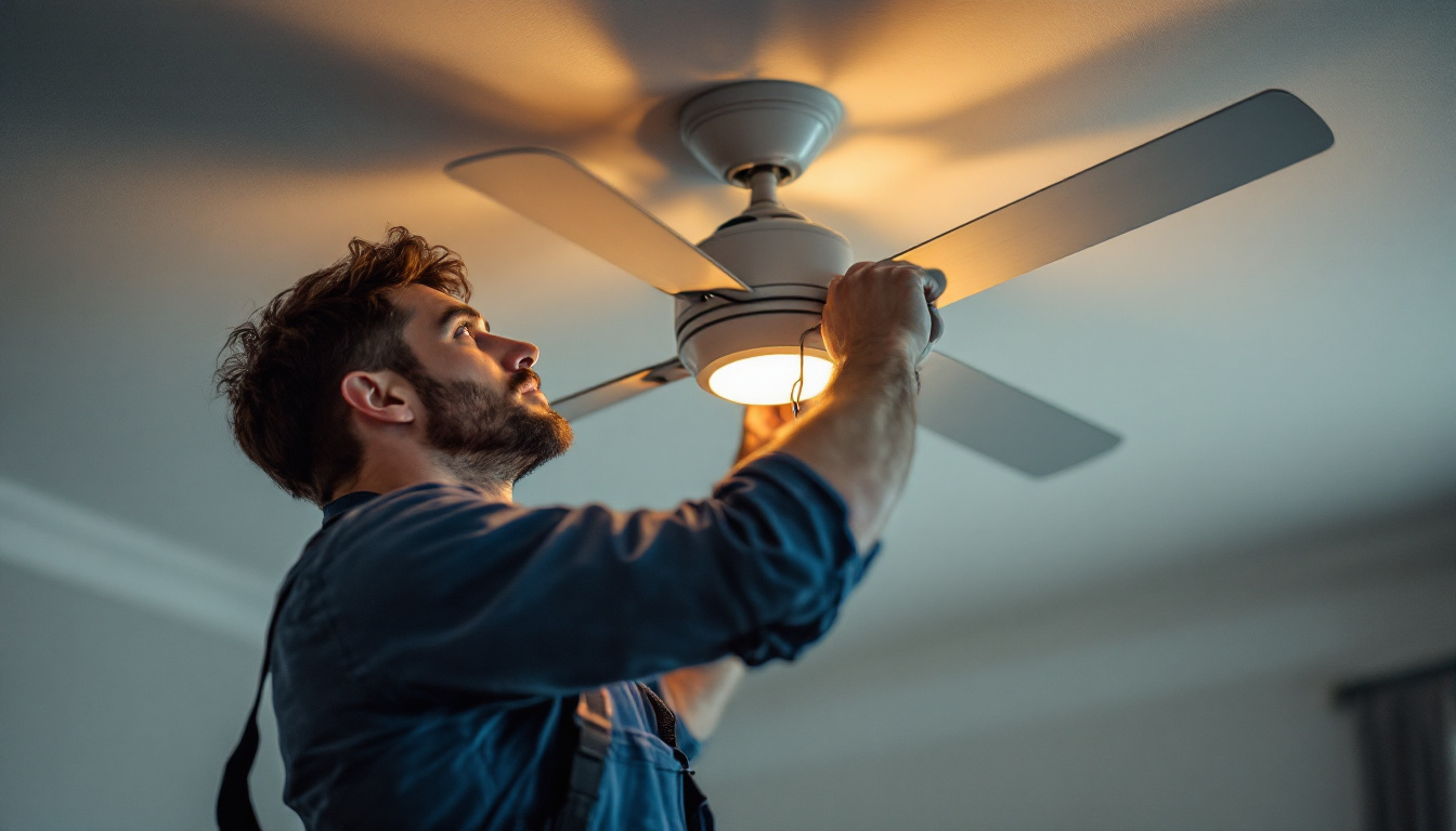 A photograph of a skilled electrical engineer working intently on a modern ceiling fan installation