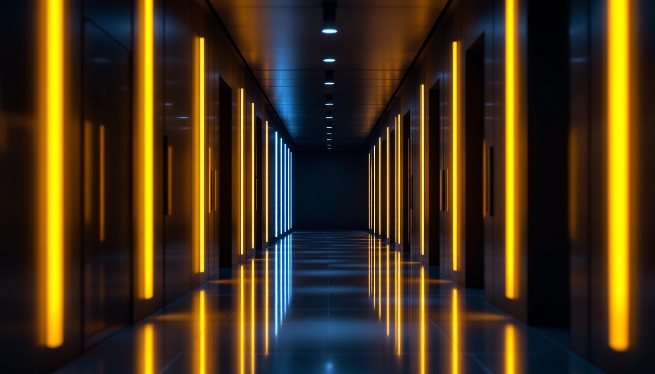 A photograph of a modern hallway illuminated by sleek led lights
