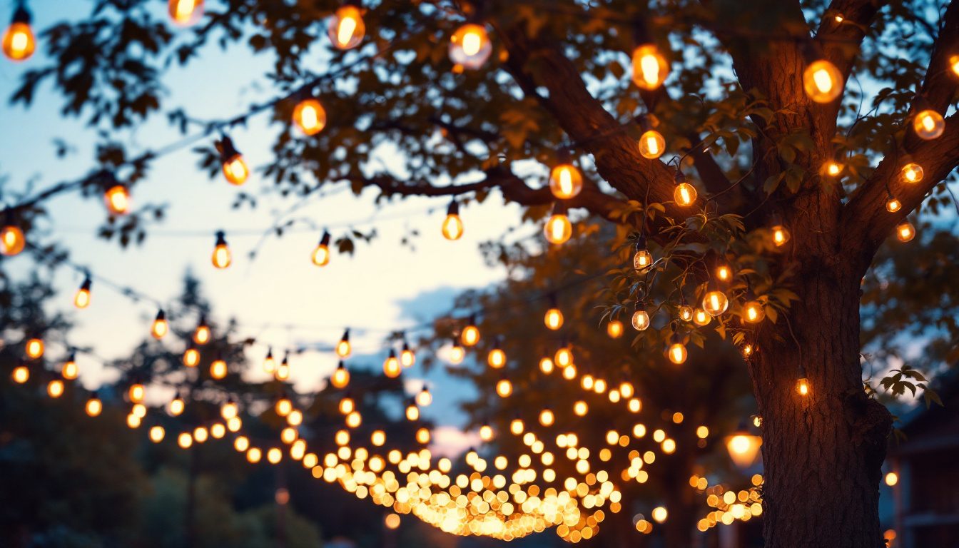 A photograph of a beautifully illuminated outdoor space featuring a variety of canopy lights strung between trees or structures