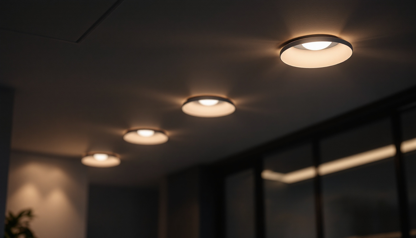 A photograph of a modern interior space featuring recessed eyeball lighting fixtures