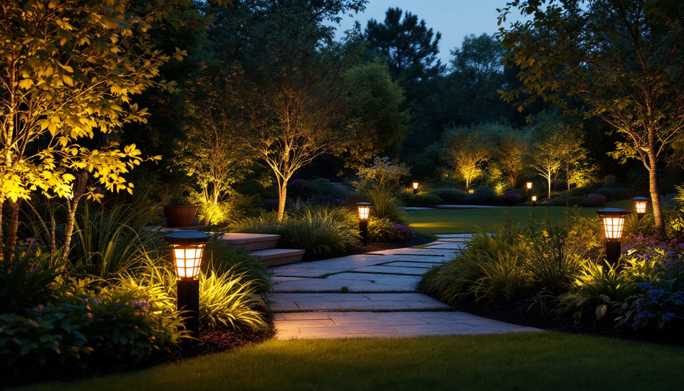 A photograph of a beautifully landscaped outdoor space illuminated by stylish solar landscaping lights at dusk