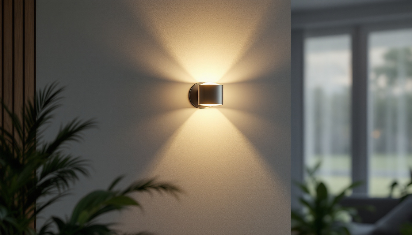 A photograph of a stylish accent wall lamp illuminated in a modern interior setting