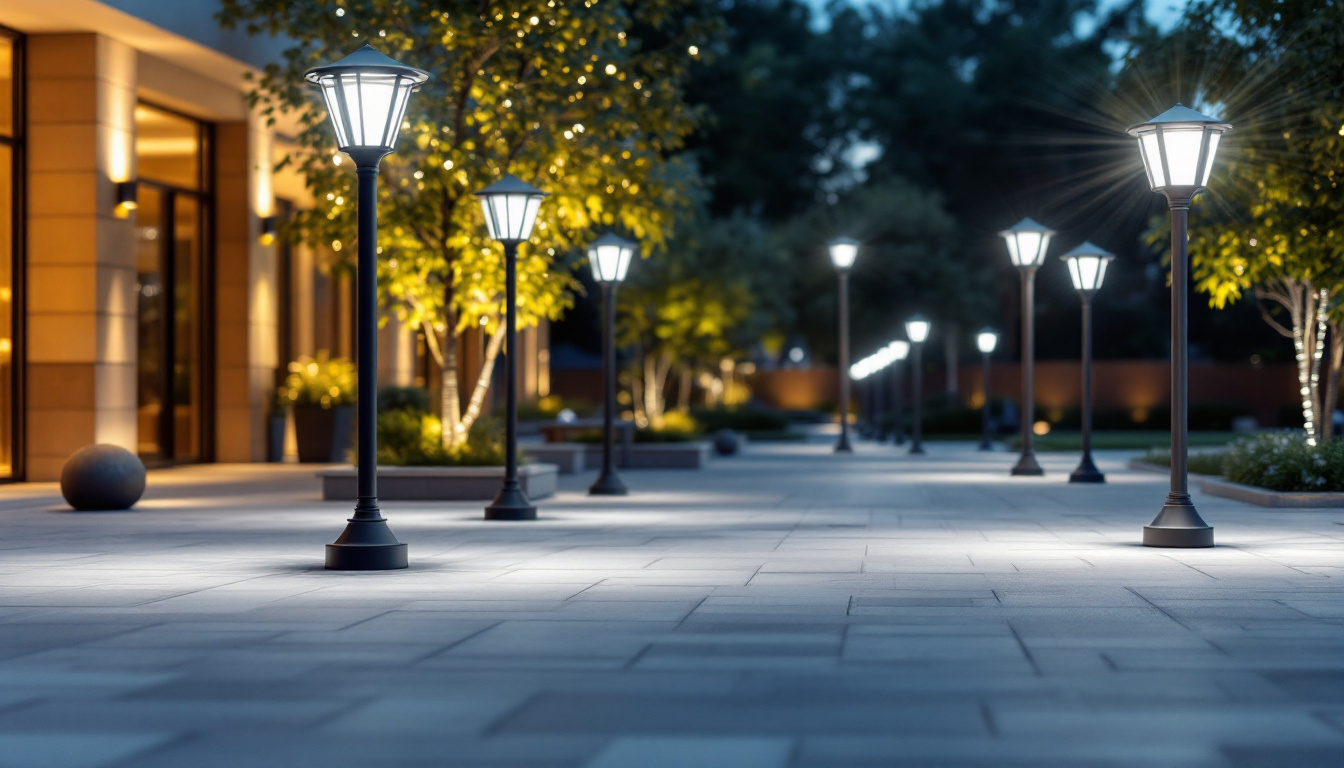A photograph of capture a photograph of a beautifully illuminated outdoor space featuring various pole light fixtures alongside alternative lighting options