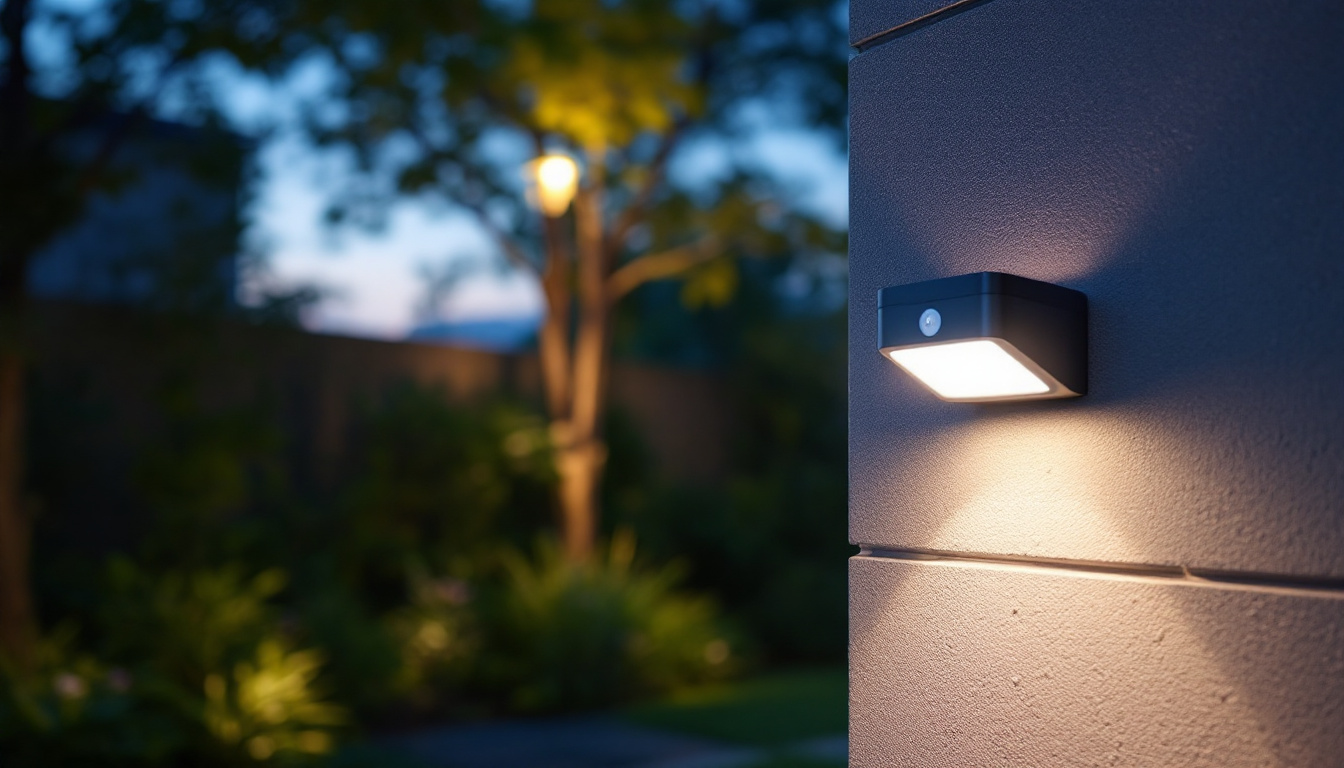 A photograph of capture a photograph of an outdoor setting at dusk featuring a sleek motion sensor security light illuminating a pathway or entrance