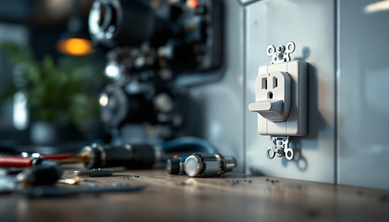 A photograph of a close-up view of a standard united states electrical outlet in a modern setting