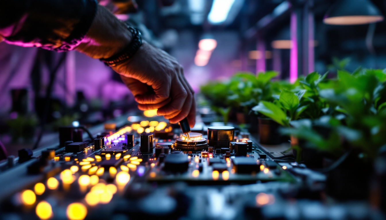 A photograph of a close-up shot of an electrical engineer working on a circuit board with led grow lights in the background
