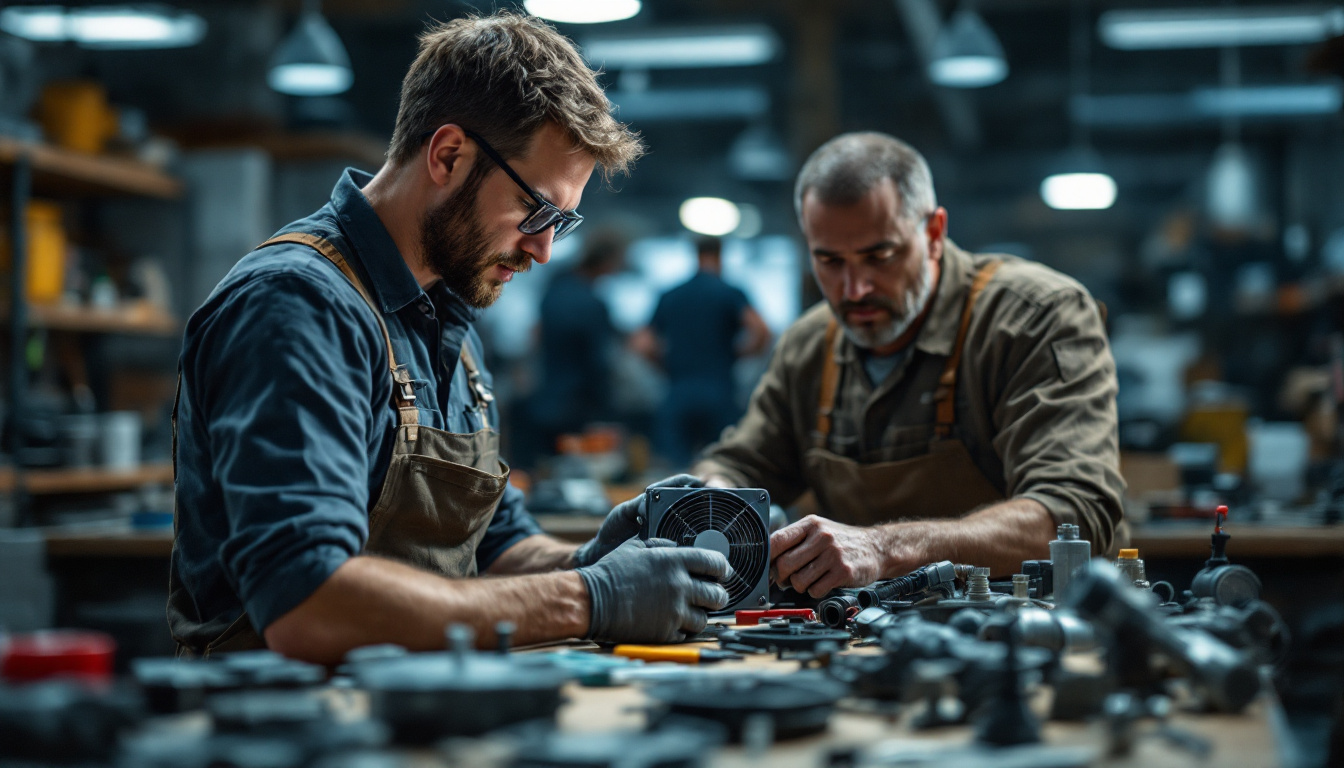 A photograph of a skilled electrical engineer examining and handling various commercial fan replacement parts in a well-lit workshop