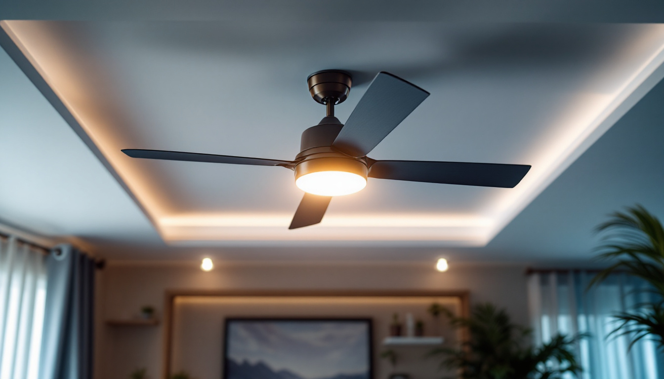 A photograph of a stylish ceiling fan equipped with bright led lights