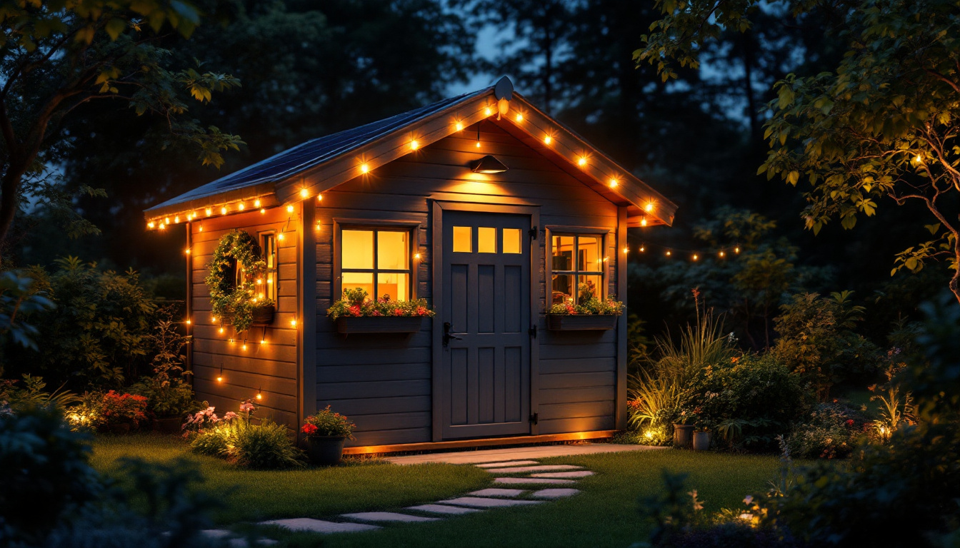 A photograph of a beautifully illuminated garden shed at dusk