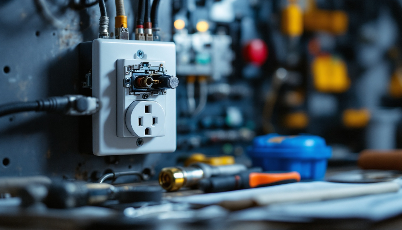 A photograph of a close-up of a volt outlet with visible electrical connections and tools