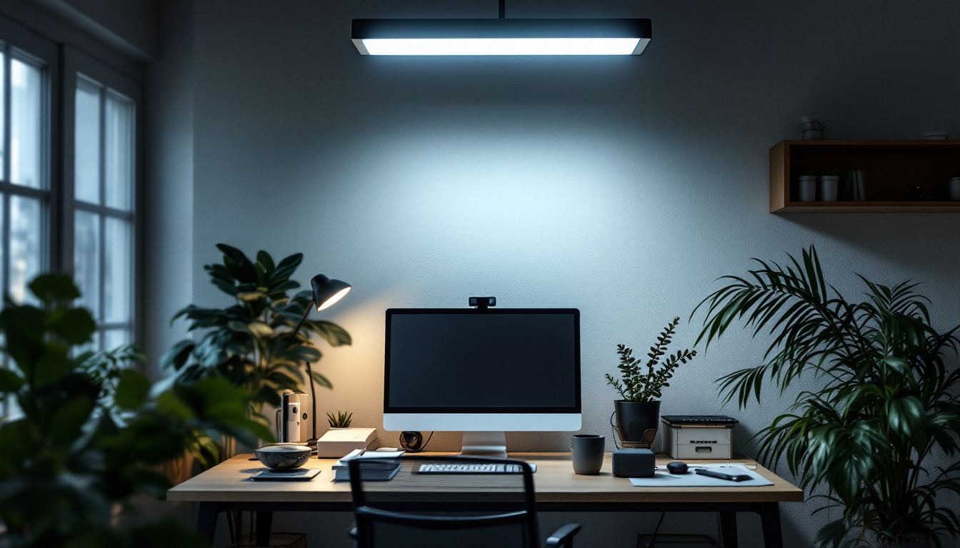 A photograph of a well-lit workspace featuring a 4 lamp fluorescent fixture