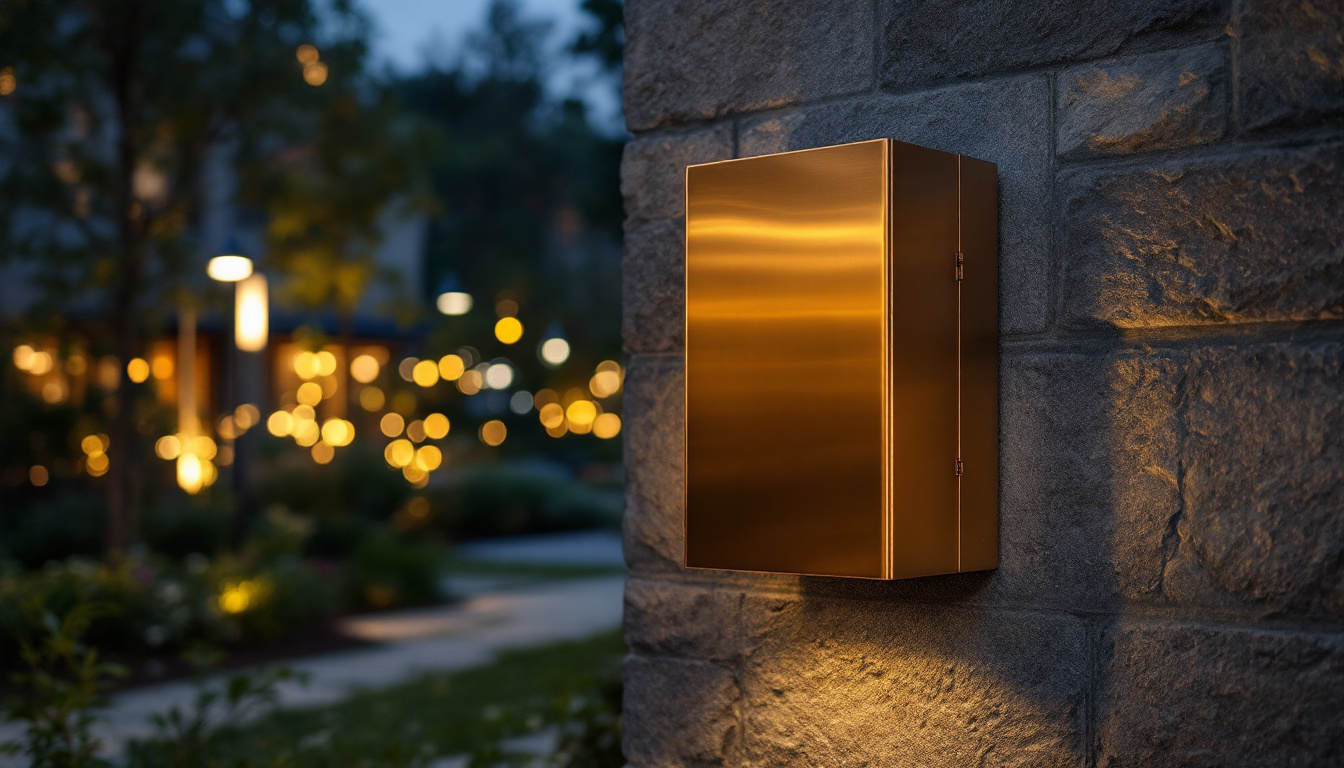 A photograph of a bronze weatherproof box installed in a dynamic outdoor lighting project