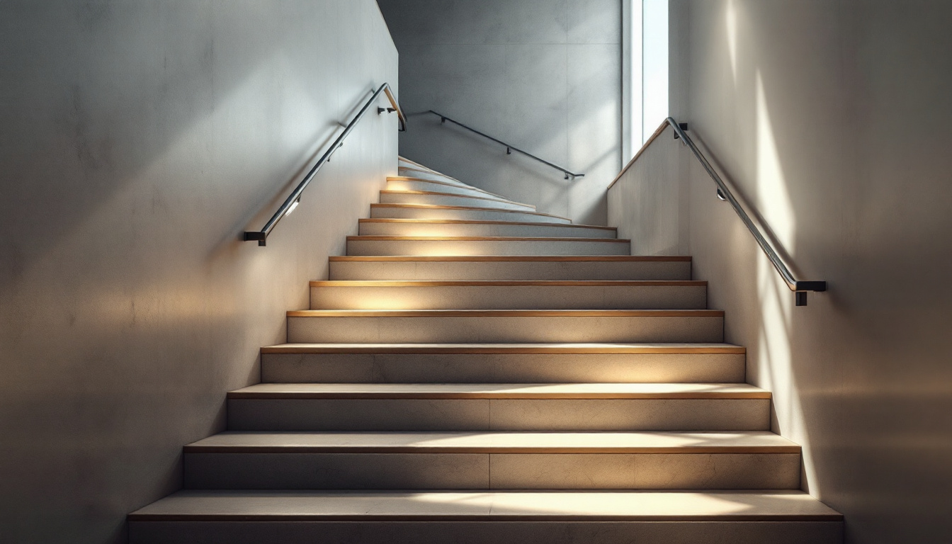 A photograph of a well-lit staircase showcasing various lighting solutions