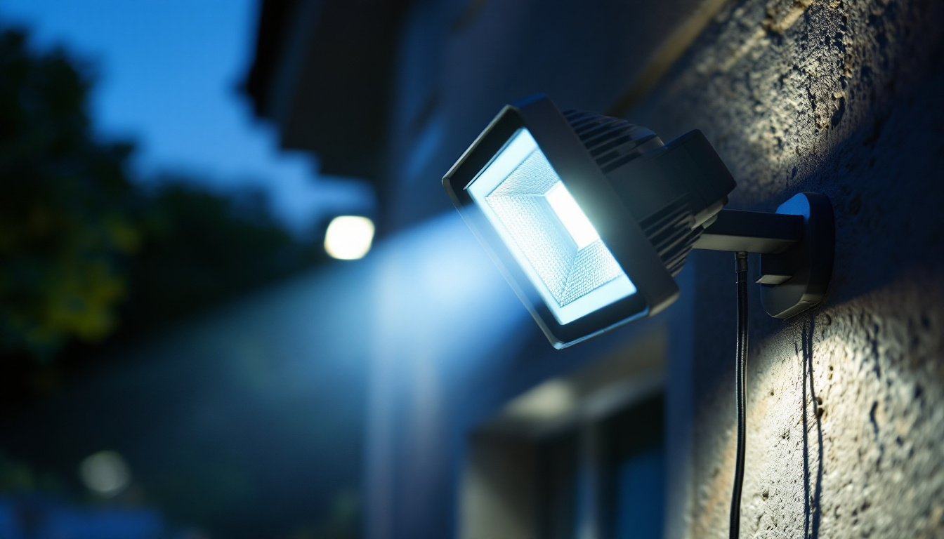 A photograph of a close-up shot of a modern led floodlight installed in an outdoor setting