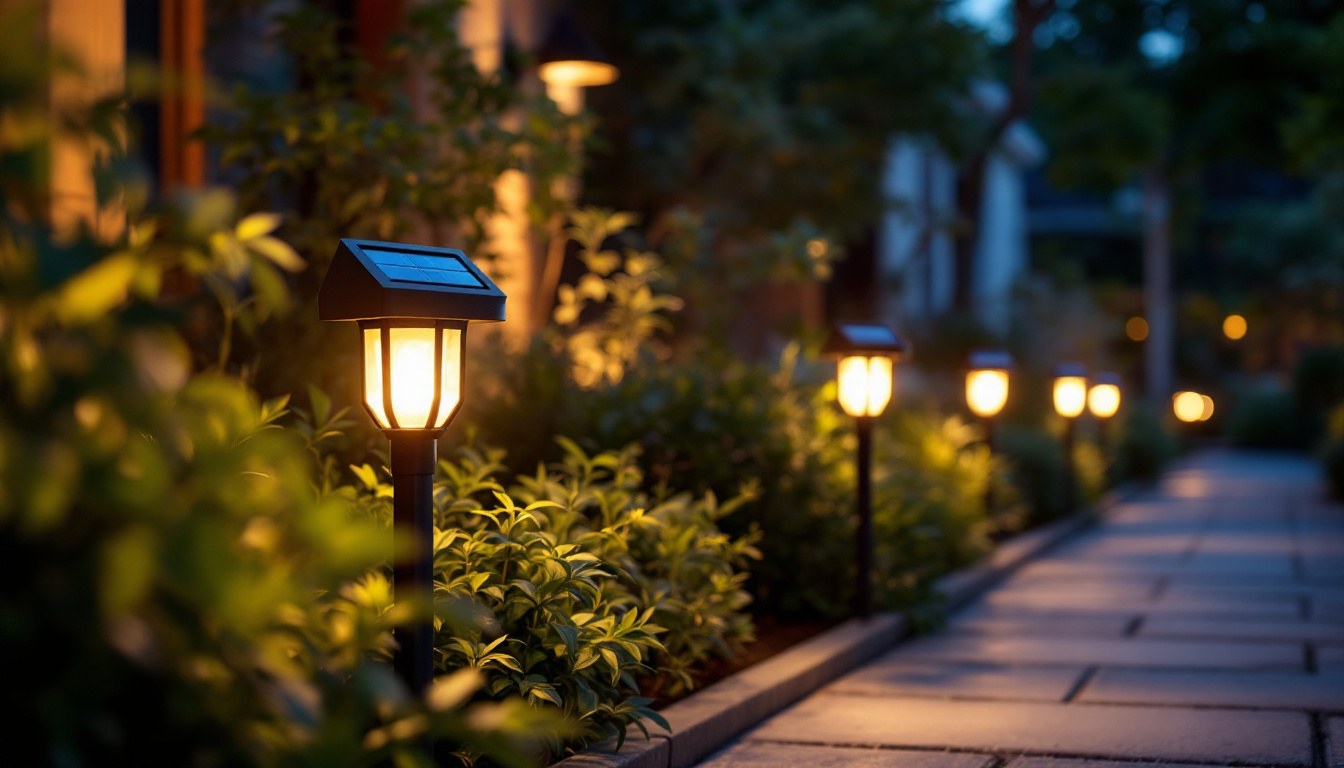 A photograph of a beautifully lit outdoor space featuring stylish solar sconce lights illuminating a pathway or garden area