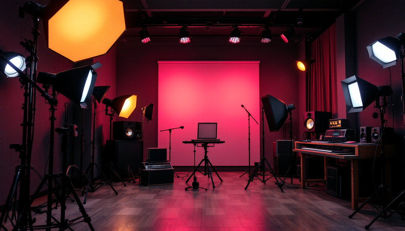 A photograph of a well-lit studio recording setup