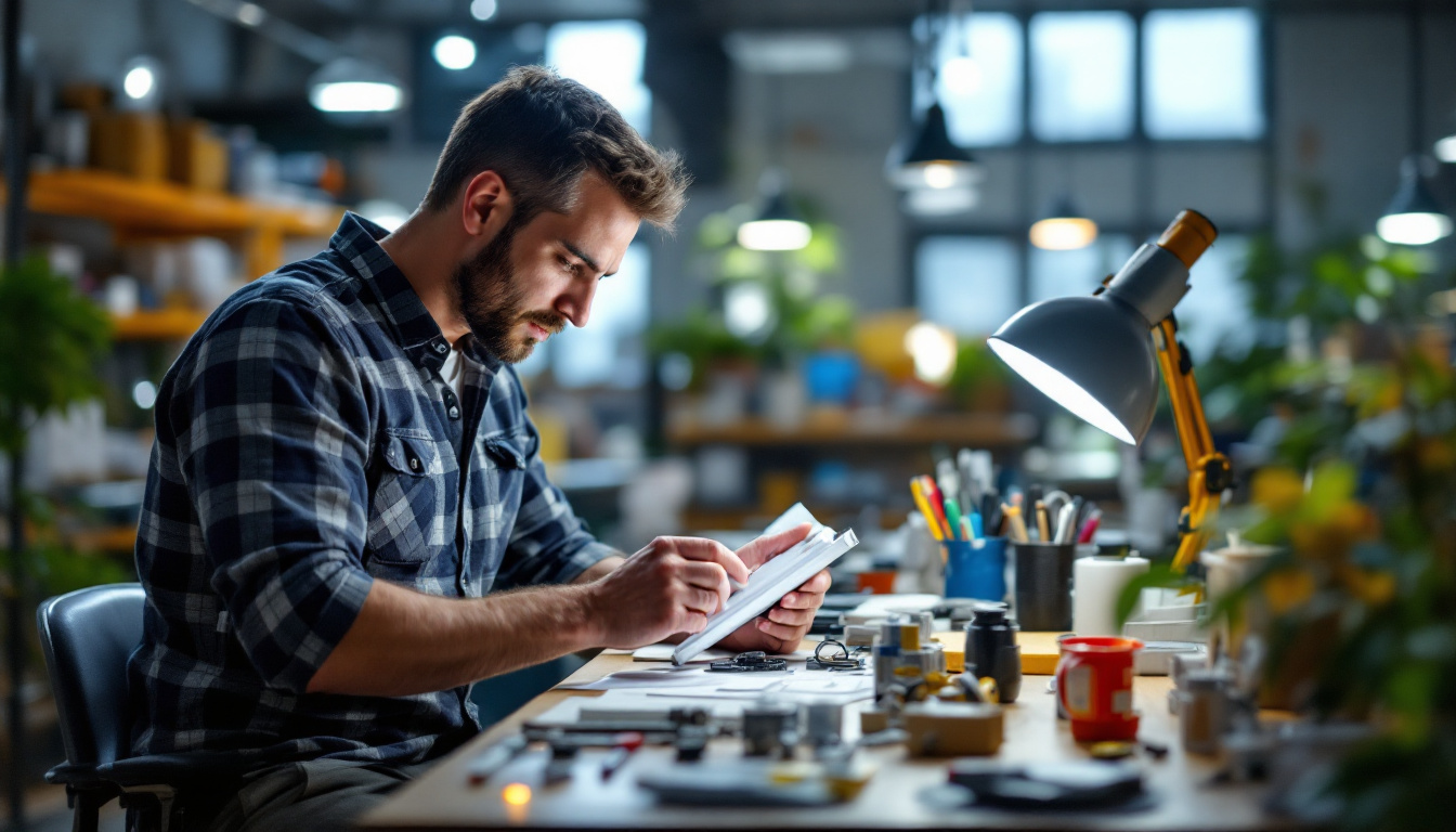 A photograph of a well-lit workspace featuring an engineer examining a led retrofit kit