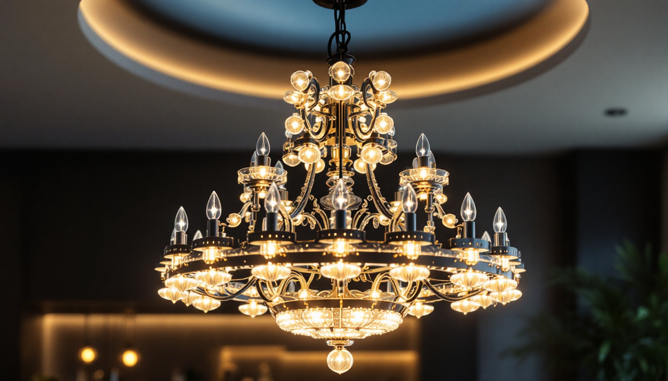 A photograph of a beautifully designed chandelier illuminated in a stylish space