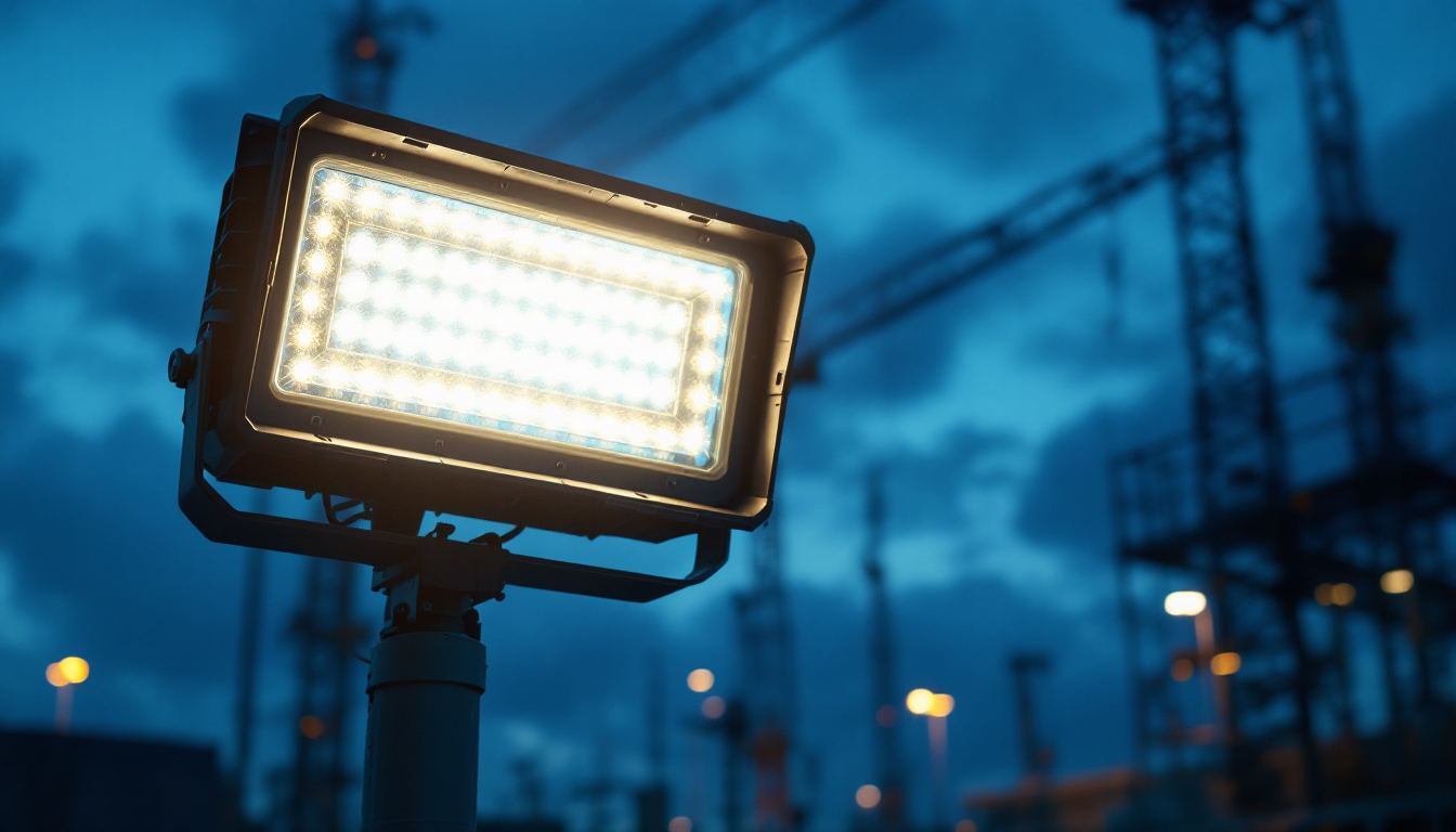 A photograph of a large-scale outdoor work lamp illuminating a construction or industrial site at dusk