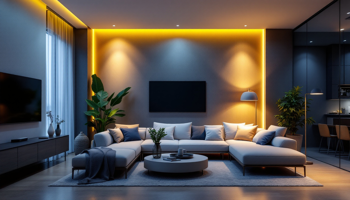 A photograph of a modern living space illuminated by various led light fixtures
