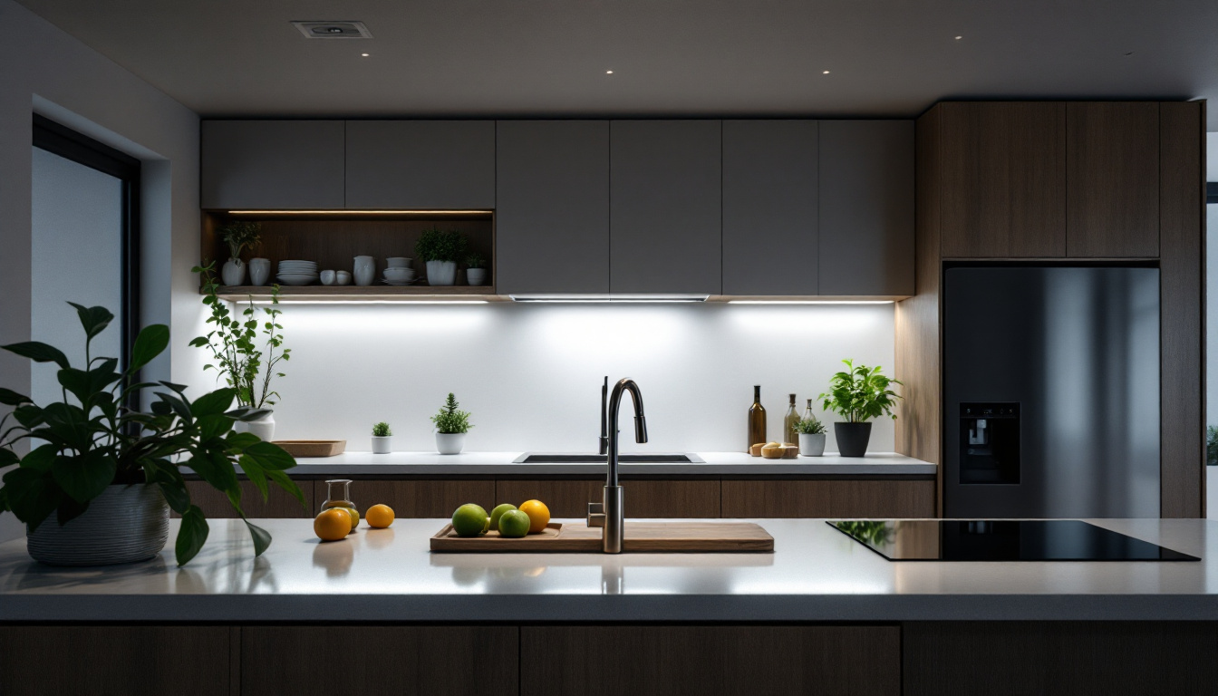 A photograph of a beautifully designed kitchen with sleek under-counter led lights illuminating the workspace