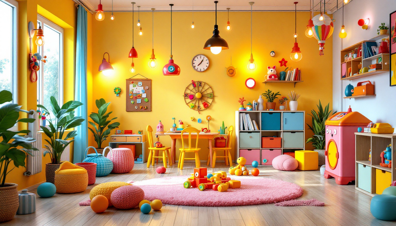 A photograph of a vibrant playroom filled with colorful decor and engaging toys