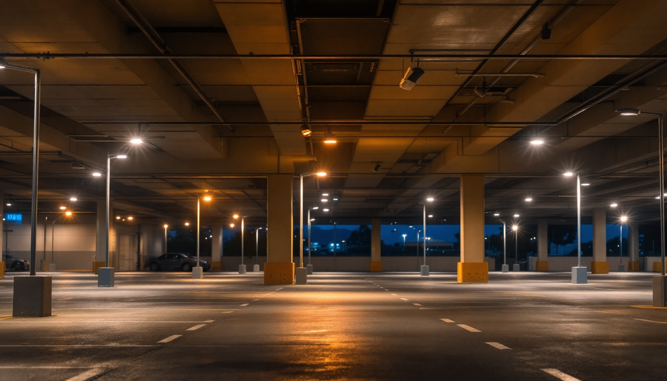 A photograph of a well-lit parking area at dusk