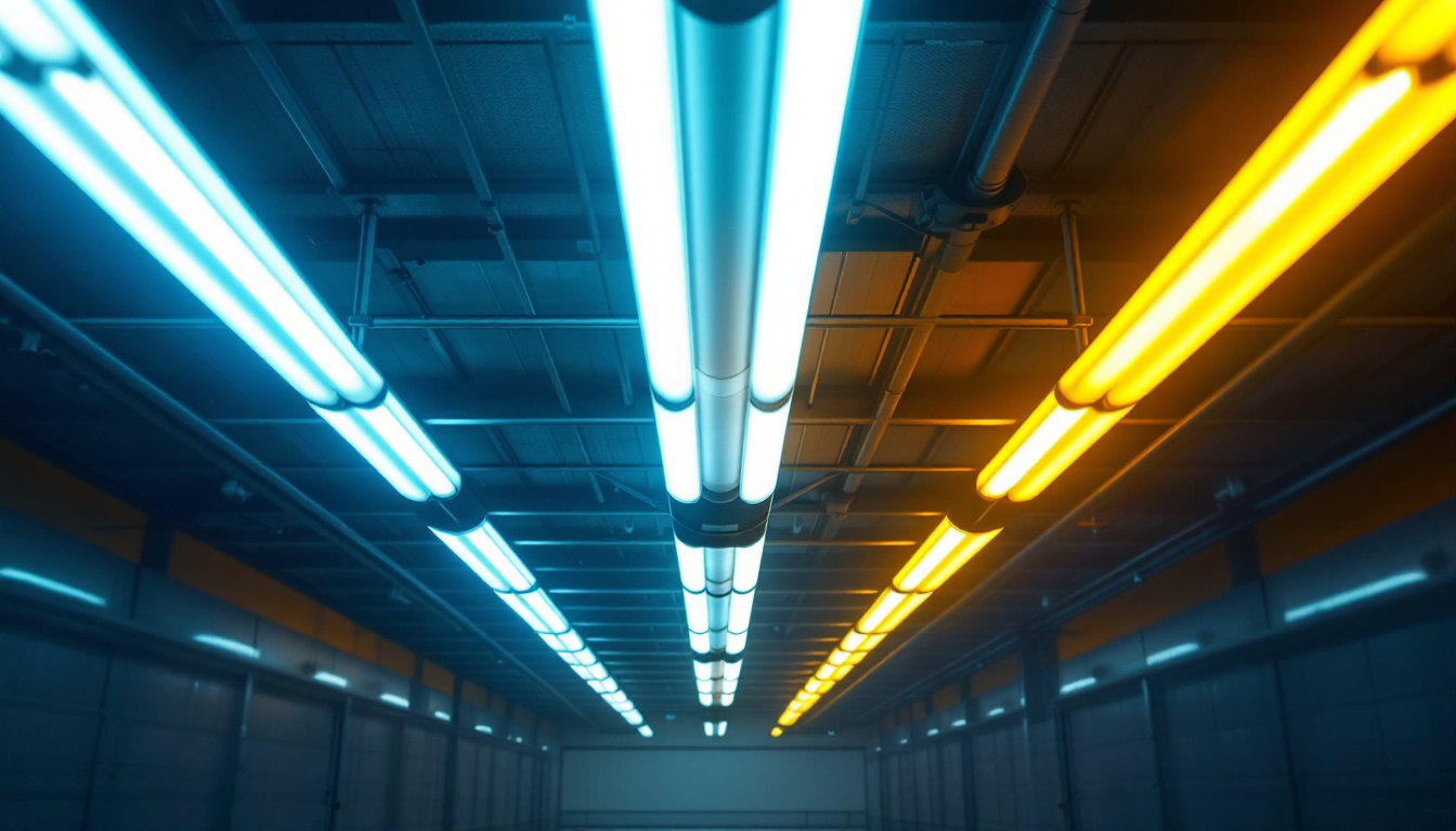 A photograph of a well-lit commercial or industrial space showcasing both t8 and t12 fluorescent lighting fixtures side by side