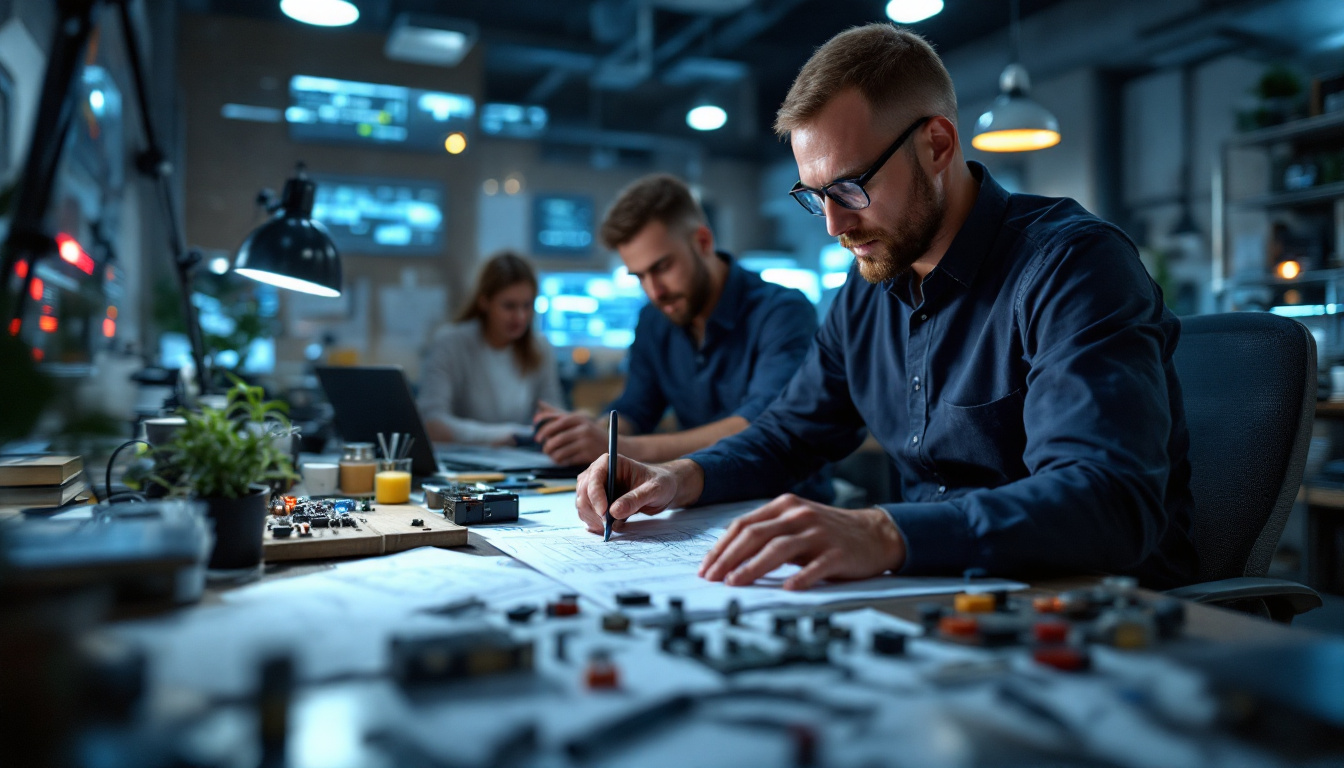 A photograph of a skilled electrical engineer working collaboratively with a team in a well-lit