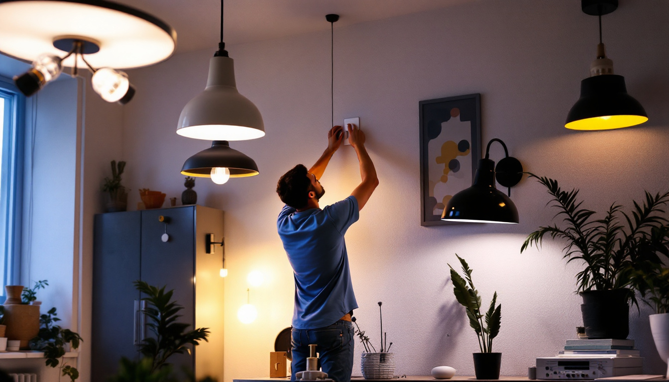 A photograph of a well-lit room showcasing various stylish lighting fixtures