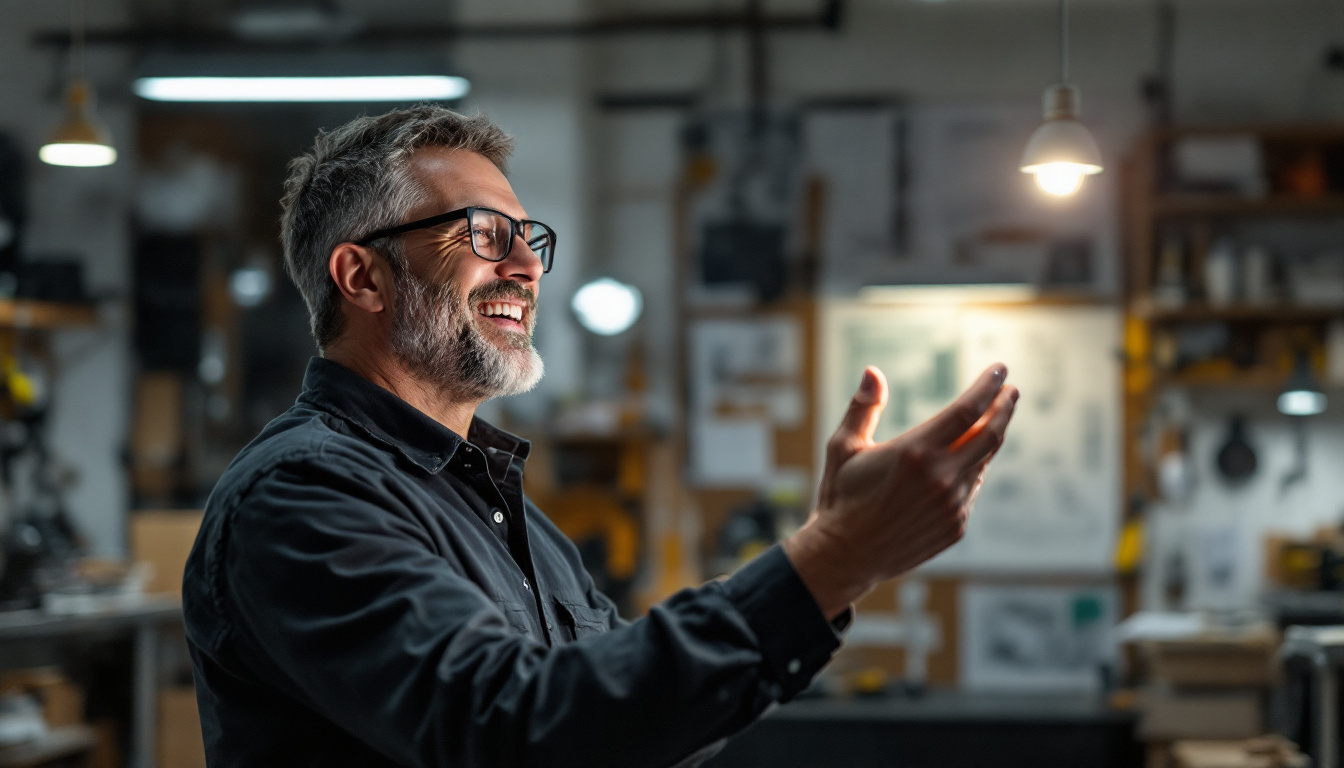 A photograph of a modern electrical engineer enthusiastically examining a sleek
