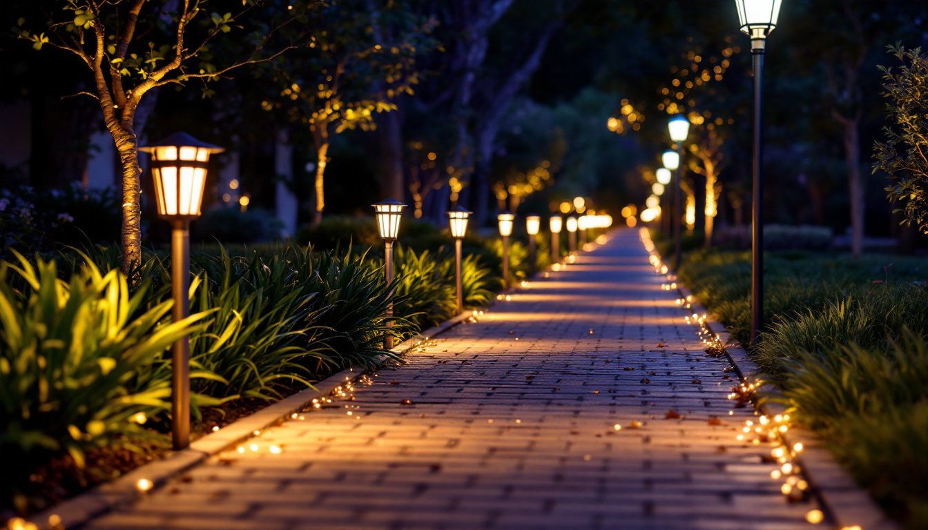 A photograph of a beautifully illuminated outdoor pathway featuring various styles of led pathway lights