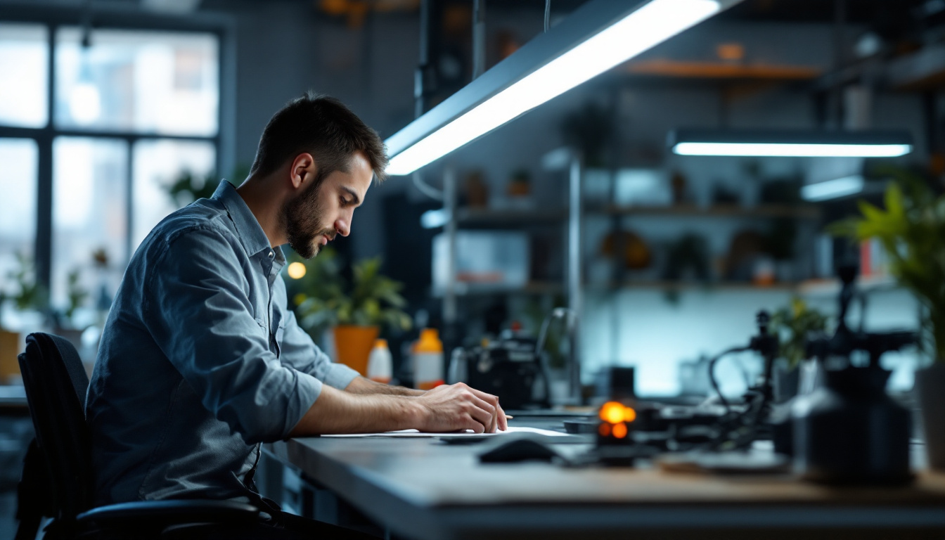 A photograph of a well-lit workspace featuring under-the-counter strip lights in action