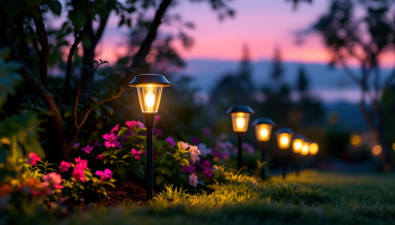 A photograph of a beautifully illuminated garden at dusk