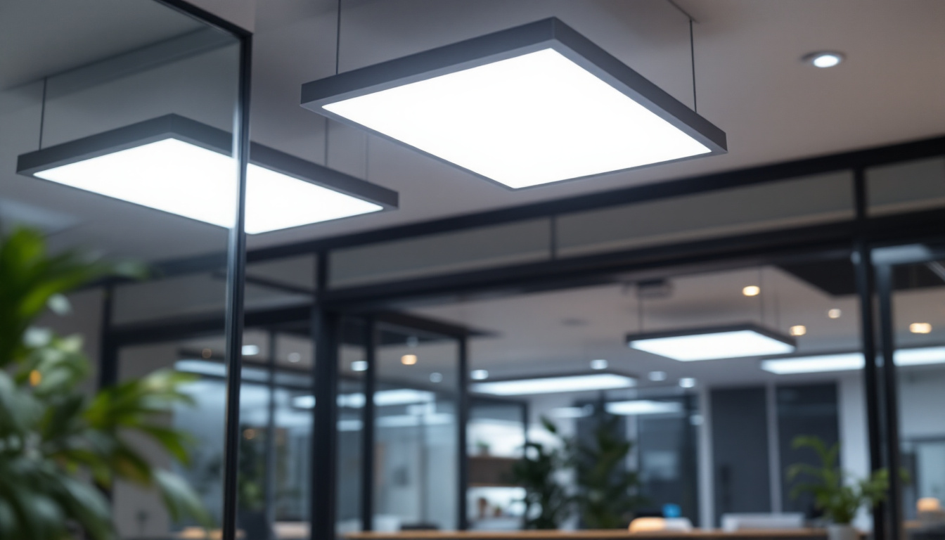 A photograph of a modern office or commercial space featuring a sleek installation of 2x2 flat panel led lights