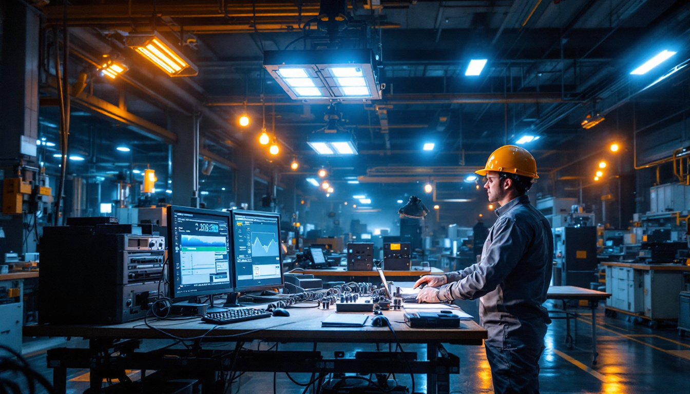 A photograph of a well-lit industrial workspace featuring advanced ballast lighting systems in action