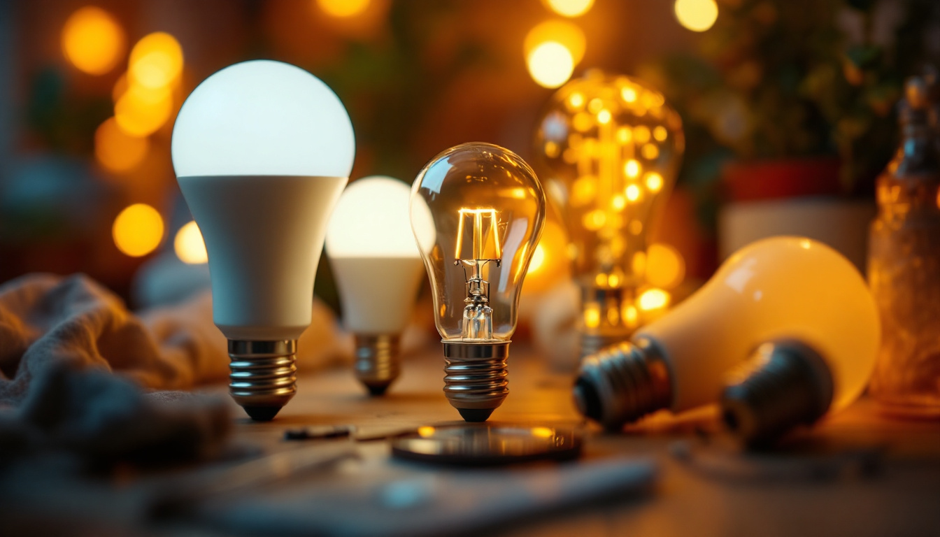 A photograph of a close-up of various led bulbs in a warm