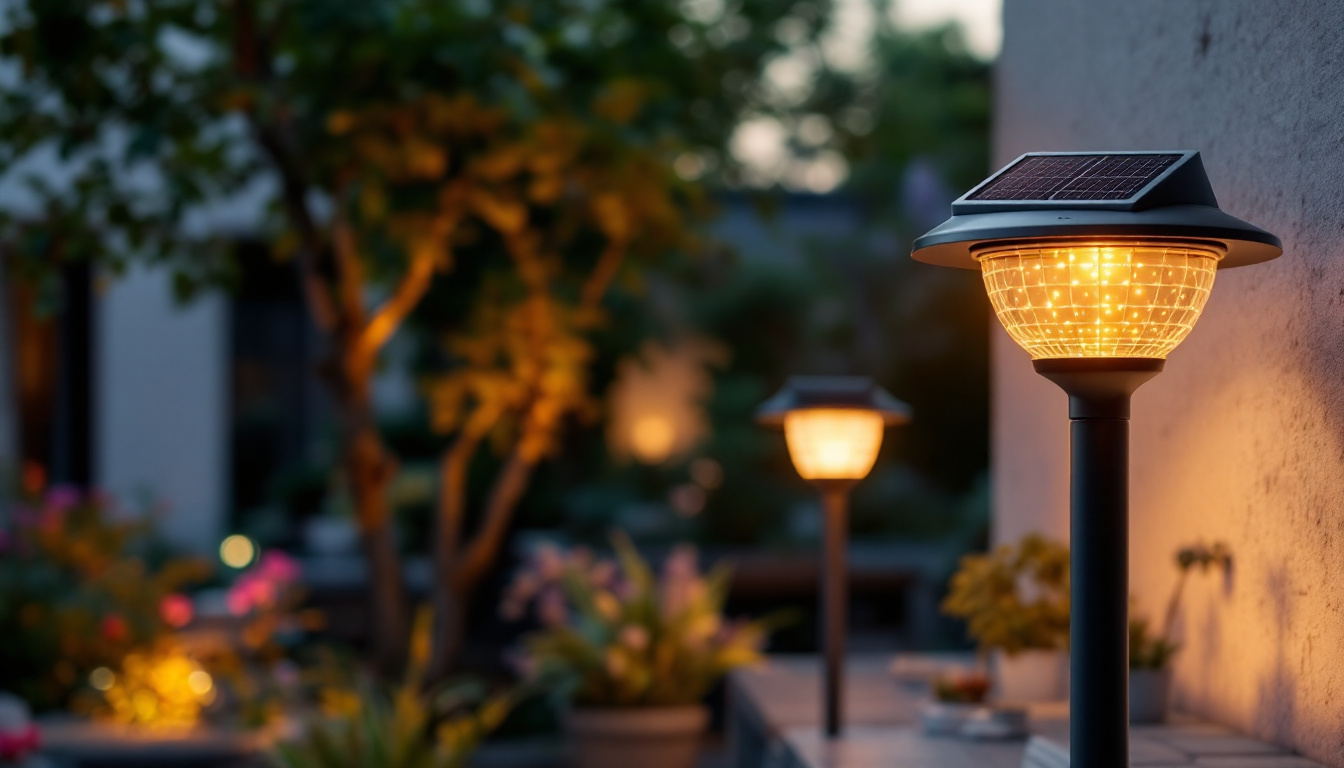 A photograph of a modern lighting design setup that showcases innovative solar-powered lights in an outdoor environment